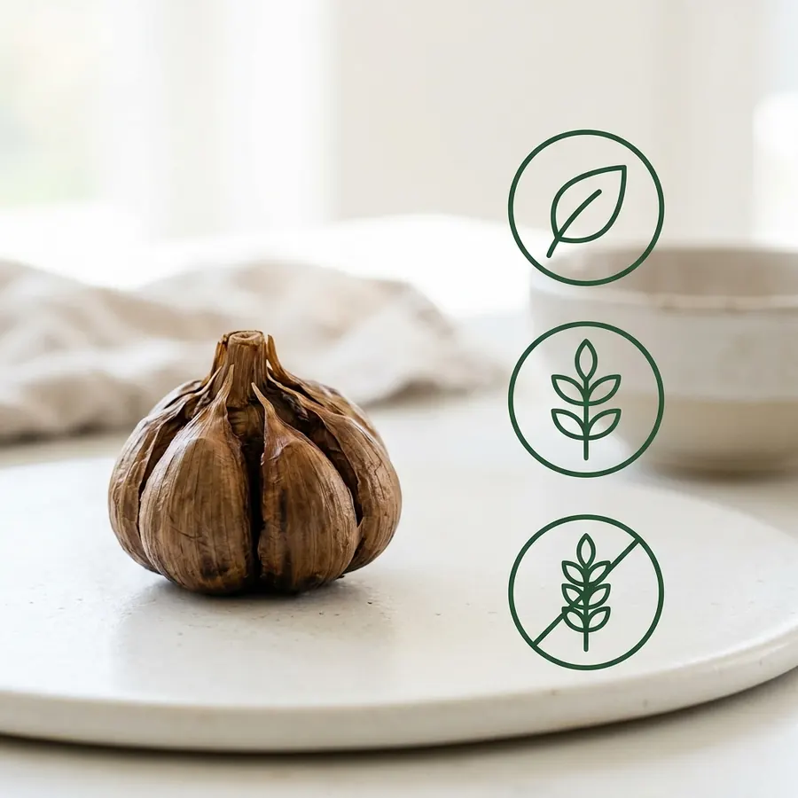 Bulbo de alho negro fermentado com os selos vegano, sem glúten e sem OGM